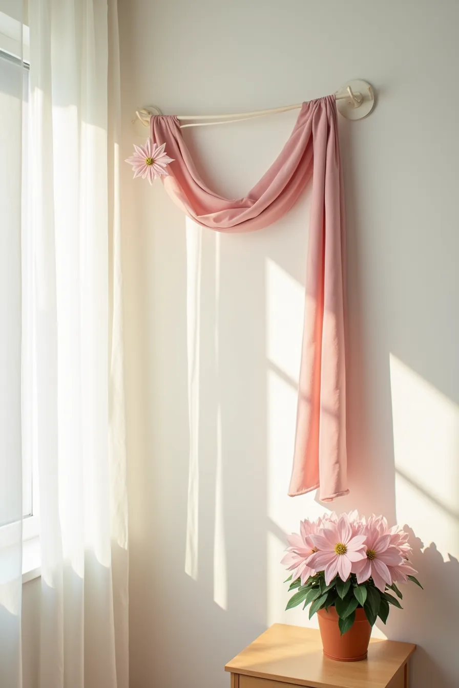 Wall display with blush-pink fabric banner, tension rod strung with paper snowflakes, and pink poinsettia on table below.