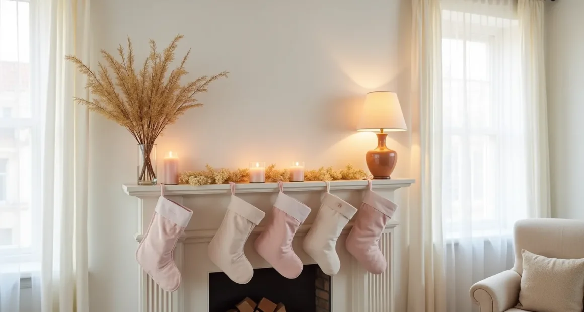 Fireplace mantel styled with pale pink stockings, gold branches, candles, and cream garland in soft afternoon light.