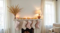 Fireplace mantel styled with pale pink stockings, gold branches, candles, and cream garland in soft afternoon light.
