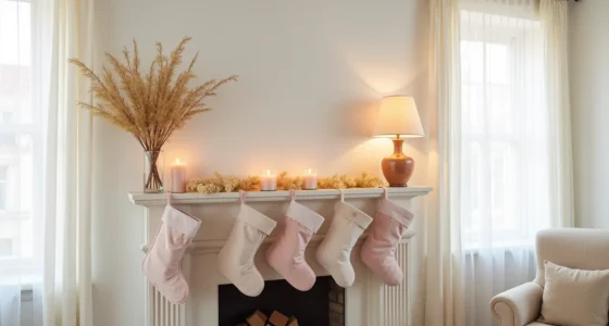 Fireplace mantel styled with pale pink stockings, gold branches, candles, and cream garland in soft afternoon light.