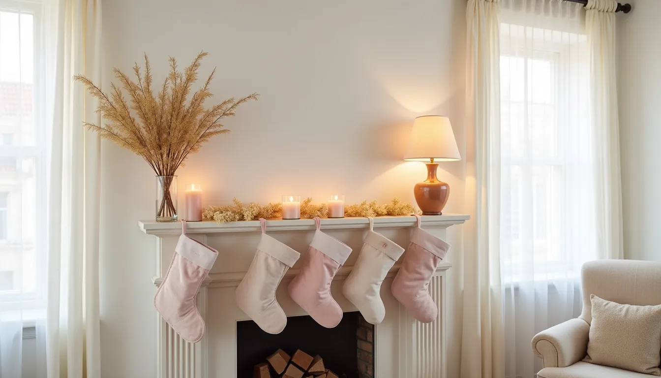 Fireplace mantel styled with pale pink stockings, gold branches, candles, and cream garland in soft afternoon light.