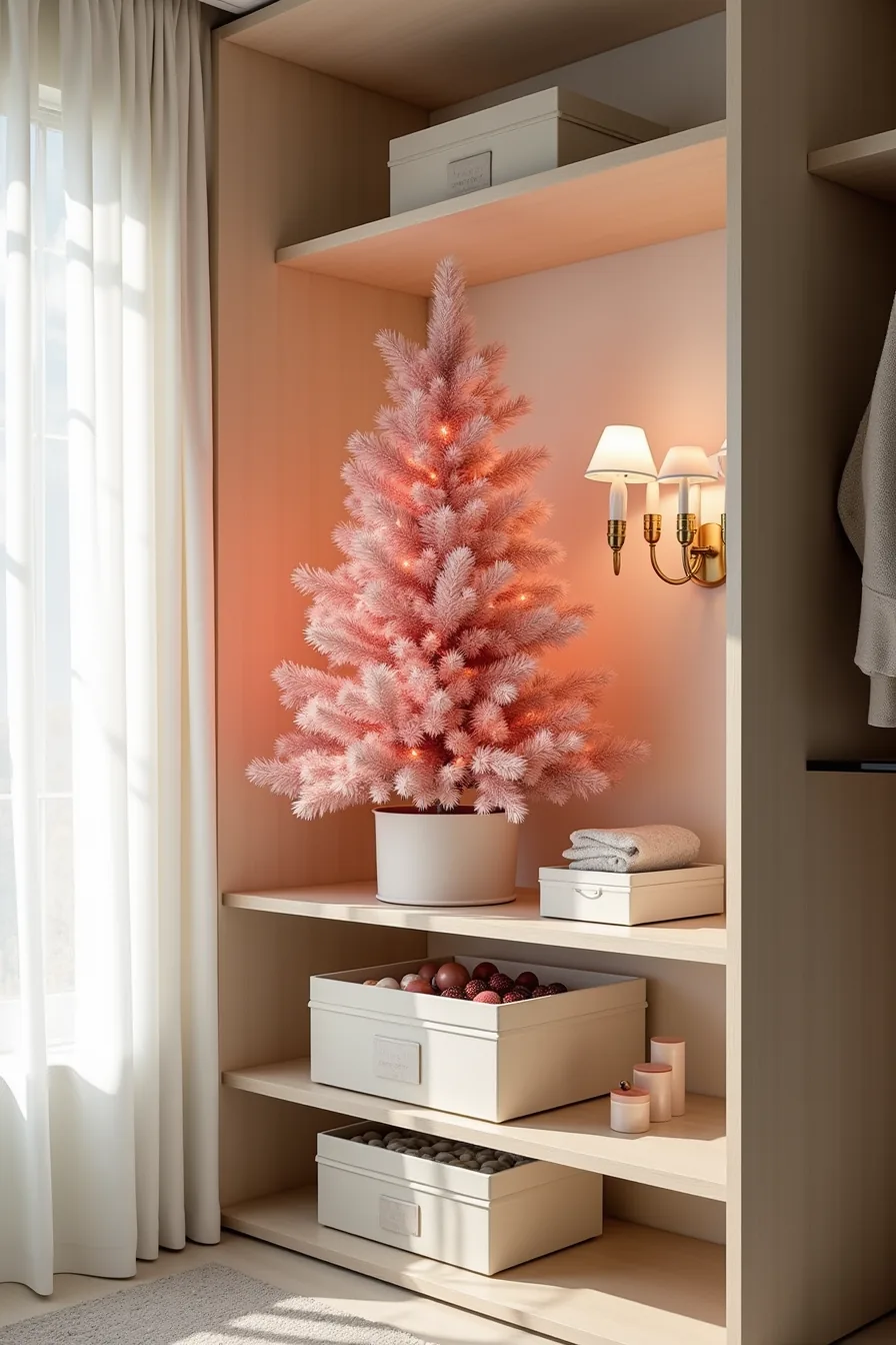 Organized closet shelf with premium pre-lit pink tree in branded box, luxury velvet ornaments in storage case, and archival