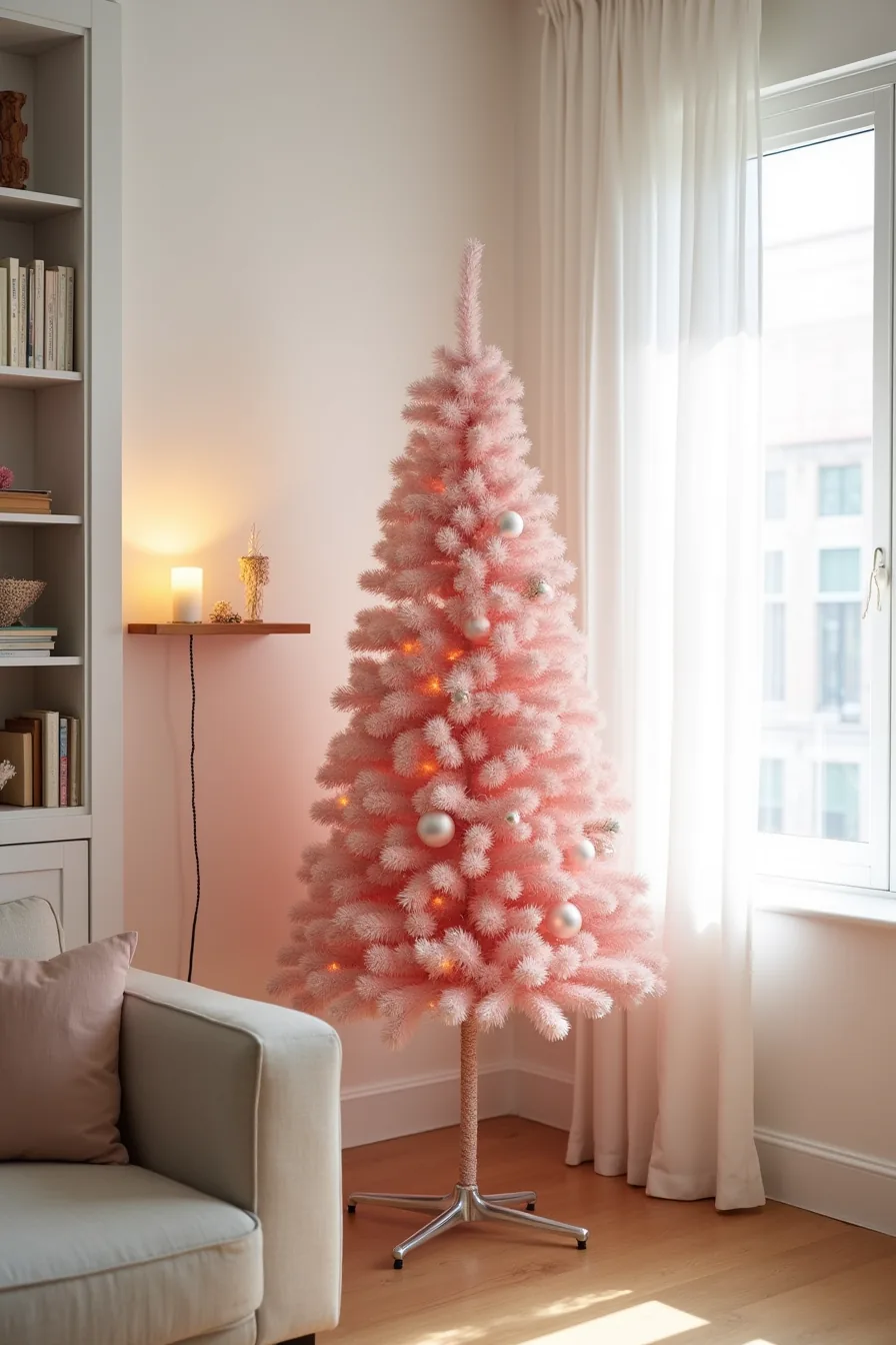 Slim wall-mounted soft pink Christmas tree between bookshelf and window with dense blush ornaments and garland on floating
