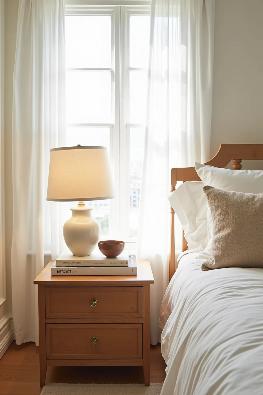 Budget nightstand made from wooden crate next to quality bedside table with brass hardware.