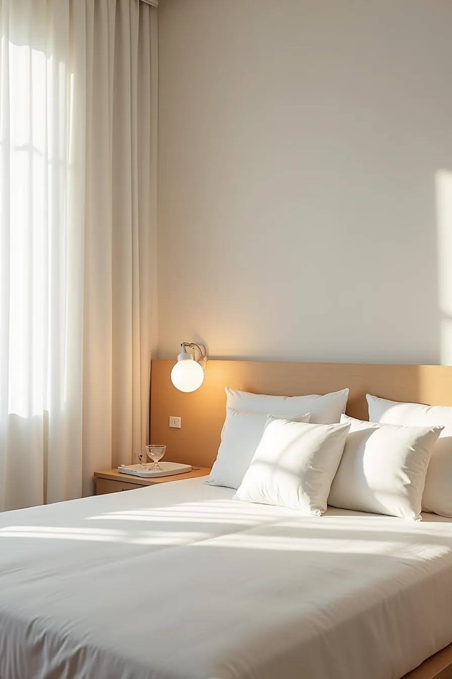 Neatly made bed with hospital corners, euro pillows, and bedside table with lamp and water glass.