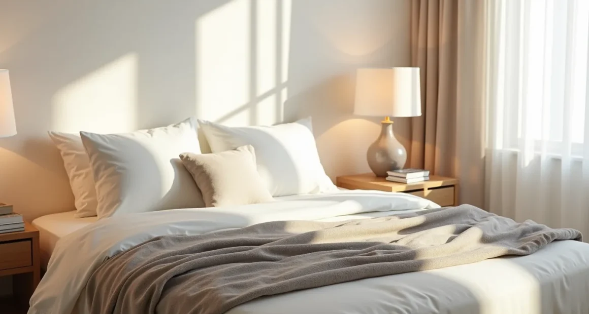 Bed with cream, gray, and linen layers, ceramic vessel, and reading lamp in morning light.