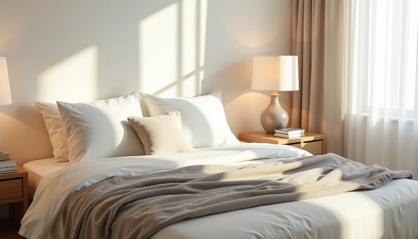 Bed with cream, gray, and linen layers, ceramic vessel, and reading lamp in morning light.