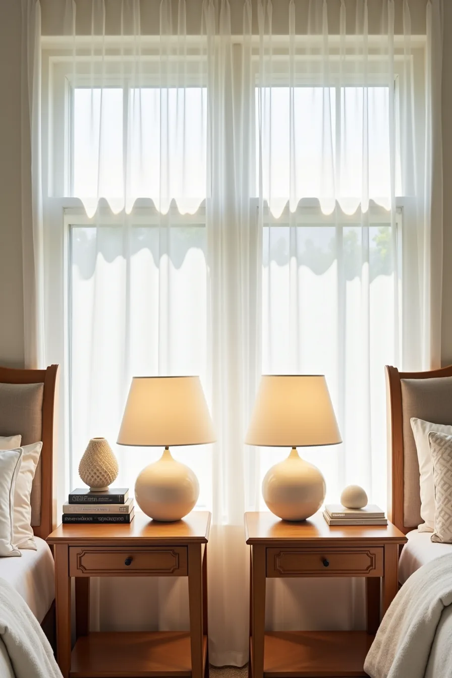 Two nightstands side-by-side showing cluttered versus minimal styling with books, stone, and pillows.