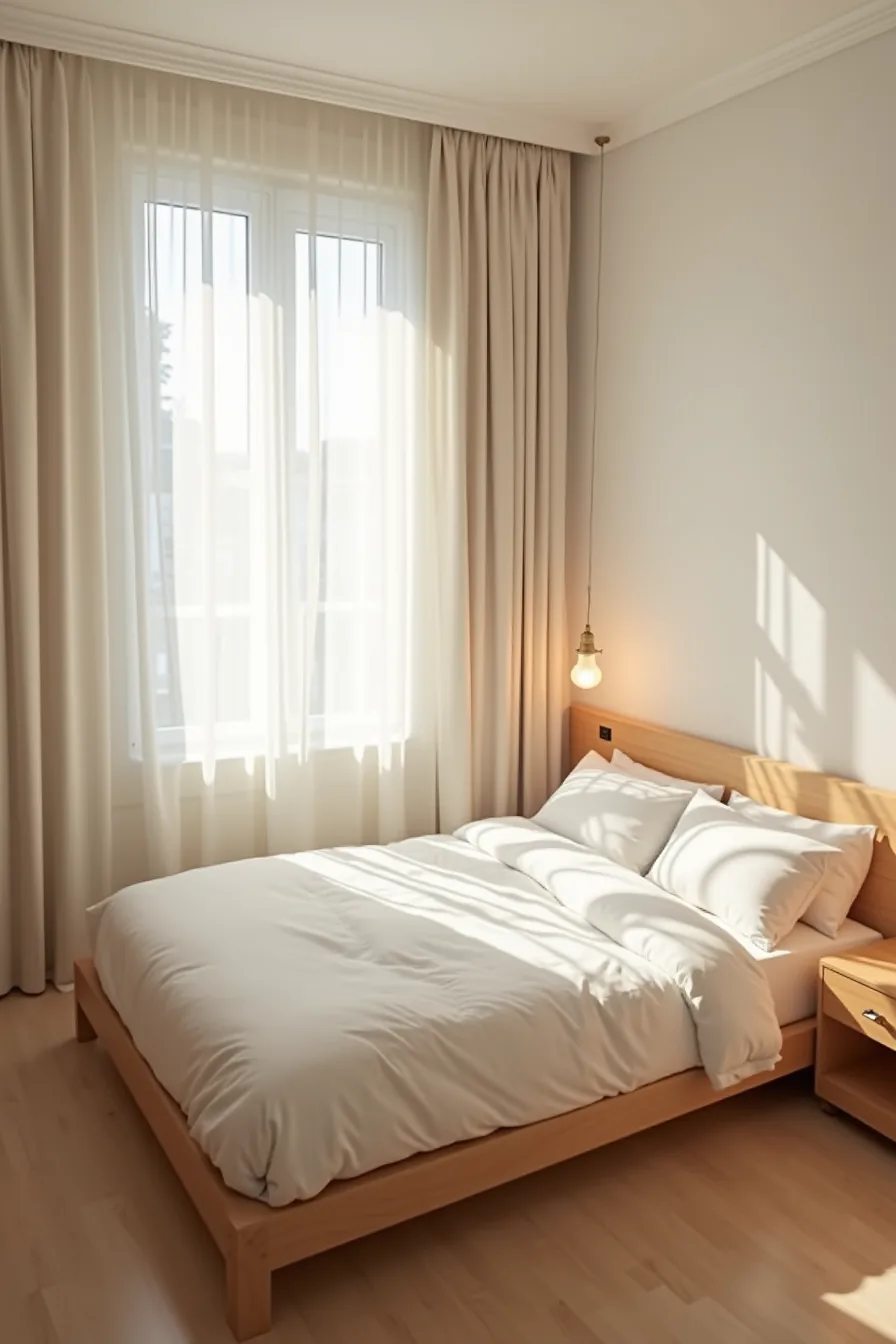 Overhead view of small bedroom with bed, single nightstand, narrow dresser, and open floor space.