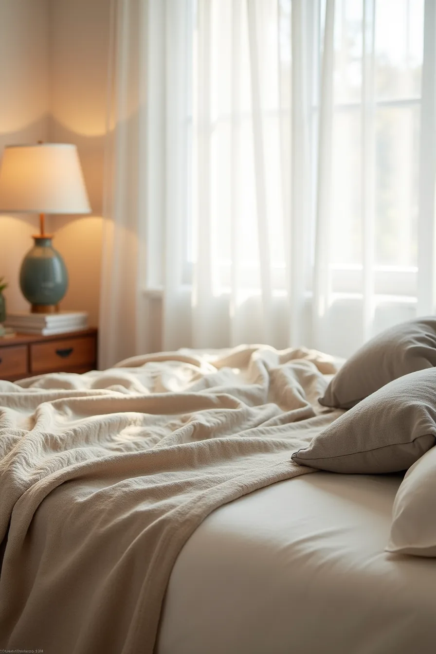 Layered bedding in cream, taupe, greige, and gray showing varied fabric textures and folds.