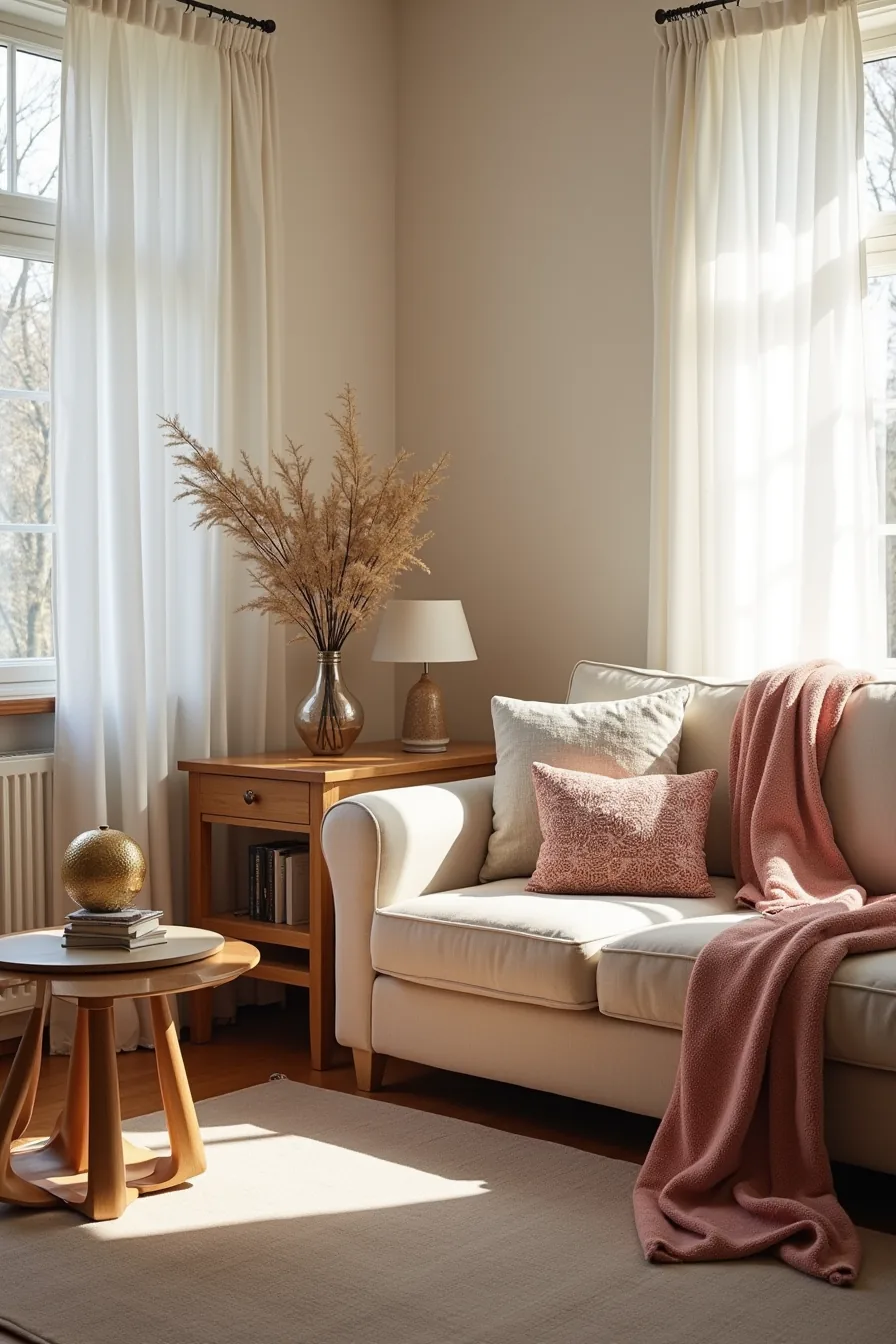 Crowded corner with clashing plaid patterns, oversized ornaments, competing rug design, and side table creating visual