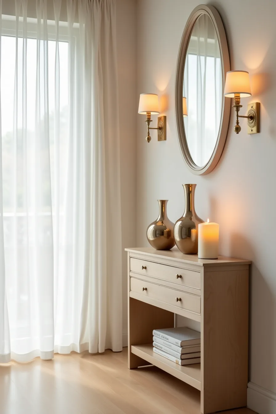 Console table arrangement with three mercury glass vases, cream candles, bronze sculpture, and mirror reflecting candlelight.