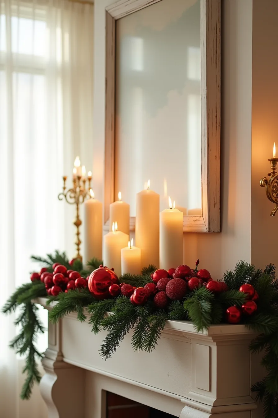 Fireplace mantel decorated with forest-green garland, cream pillar candles, red ceramic ornaments, and red velvet ribbon.