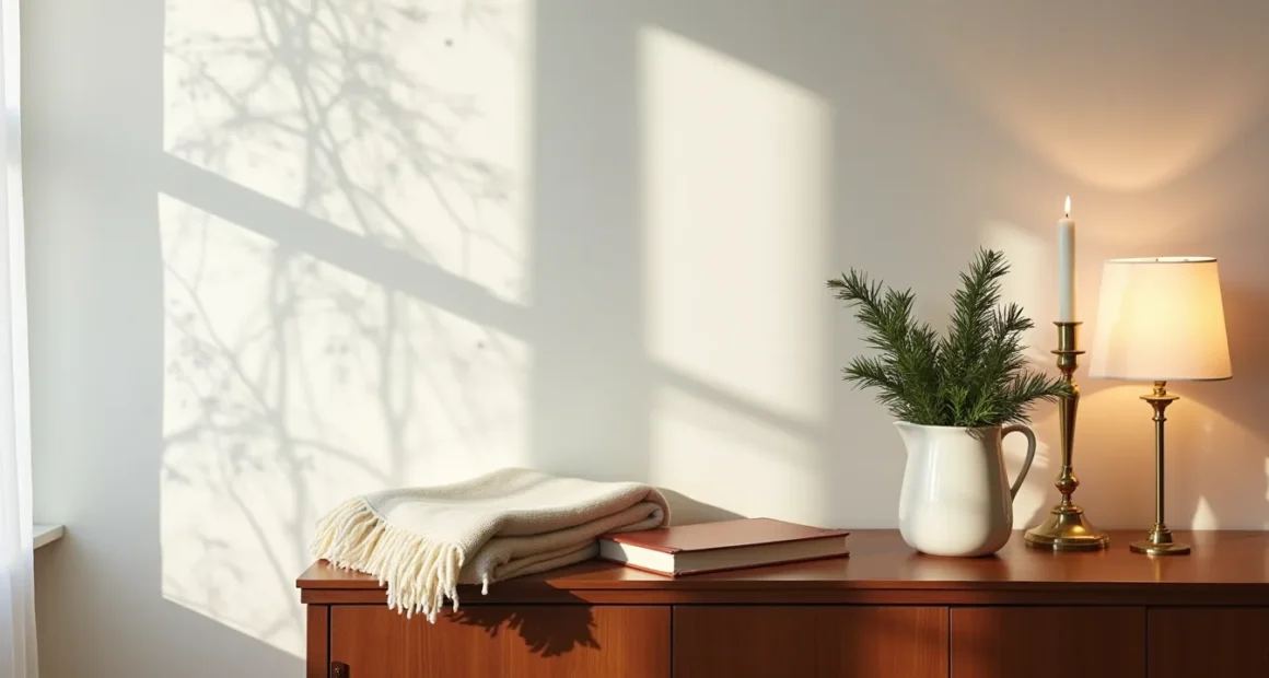 Mahogany sideboard arranged with cream wool throw, brass candlesticks, leather journal, and evergreen branch in ceramic
