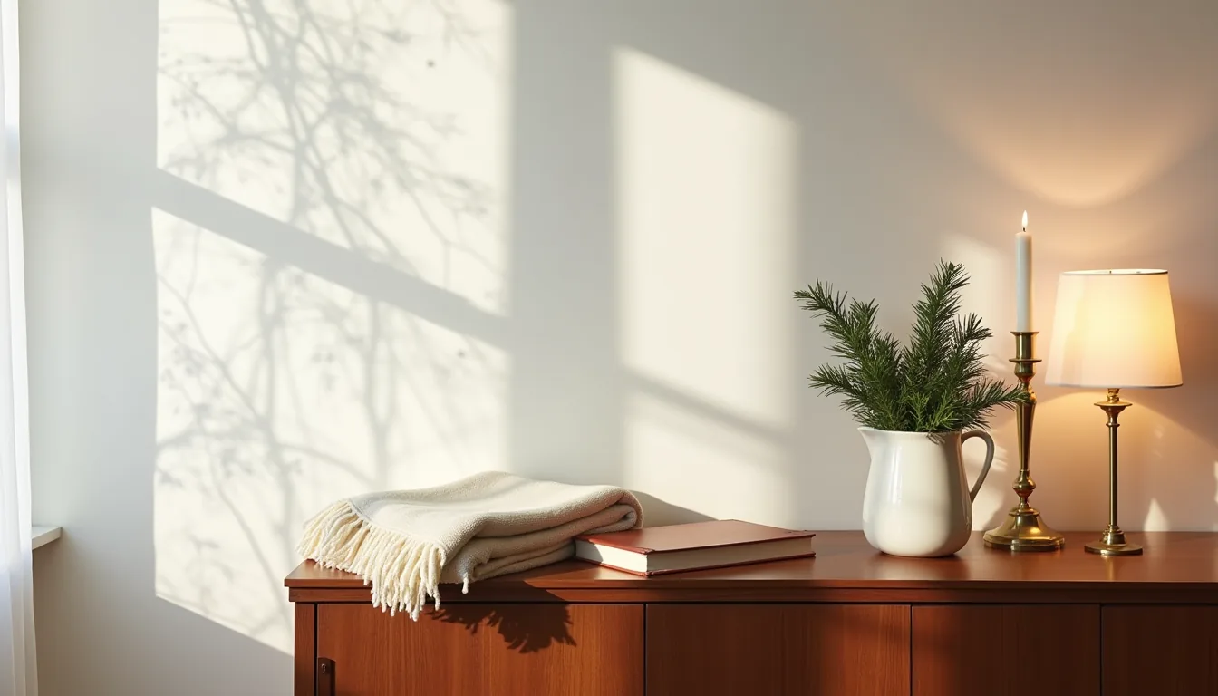 Mahogany sideboard arranged with cream wool throw, brass candlesticks, leather journal, and evergreen branch in ceramic