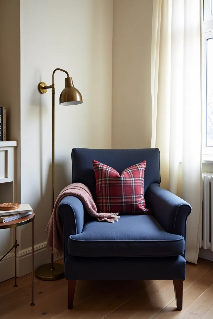 Navy wool armchair with burgundy tartan pillow and plaid blanket, brass lamp, and side table with leather coaster.