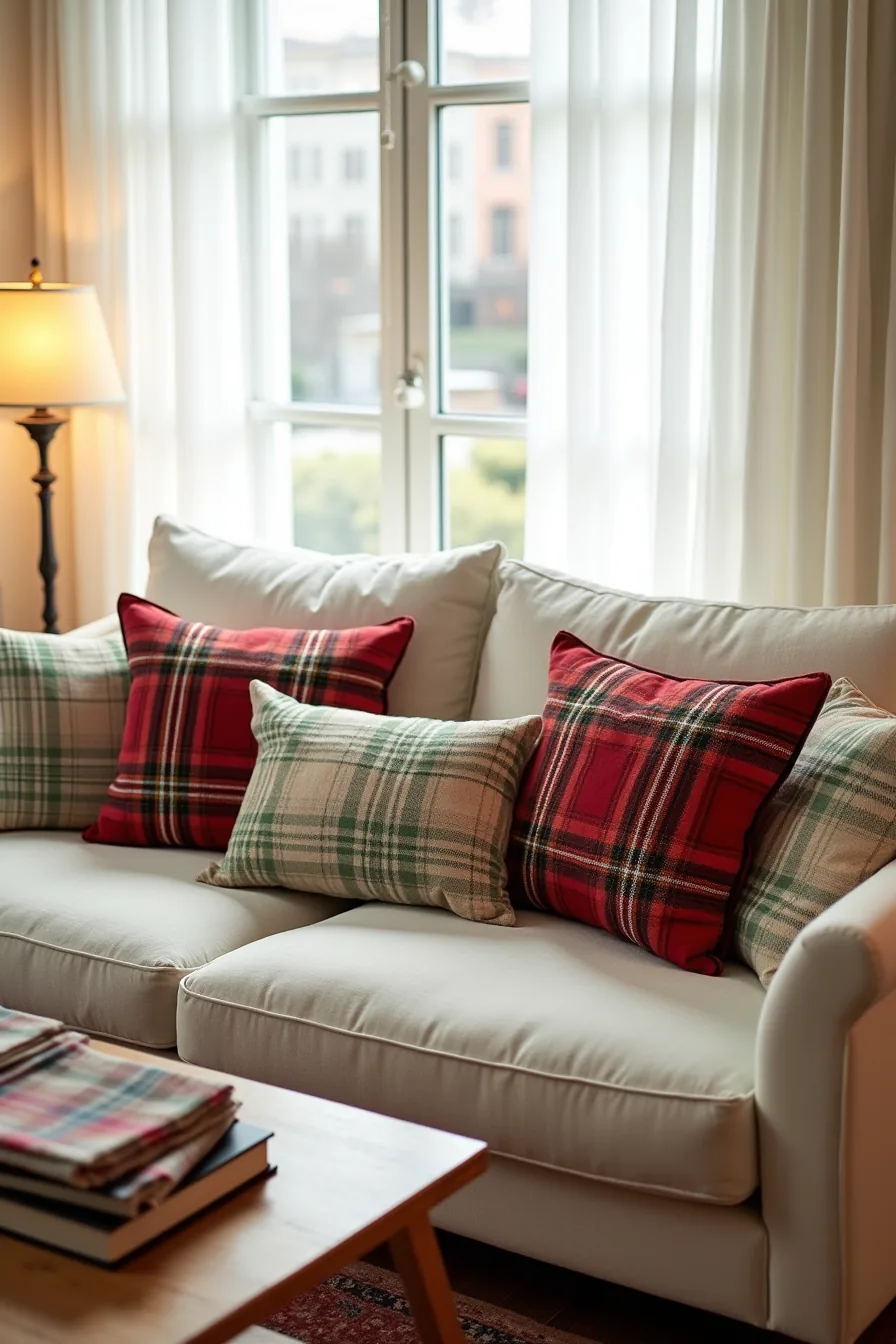 Sofa styled with red, green, and cream tartan pillows, plaid rug, and wooden coffee table holding stacked plaid napkins.