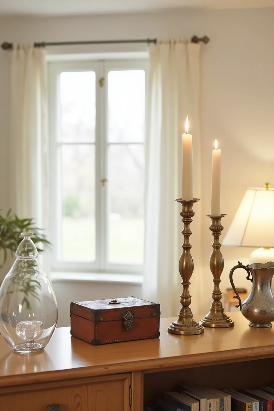 Wooden shelf holding aged brass candlesticks, leather box, tarnished silver pitcher, and antique mercury glass ornament.