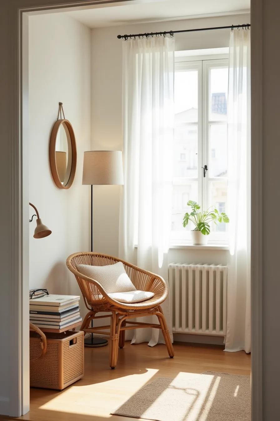 Small rattan chair in tight corner with narrow table, round mirror, and stacked storage baskets.