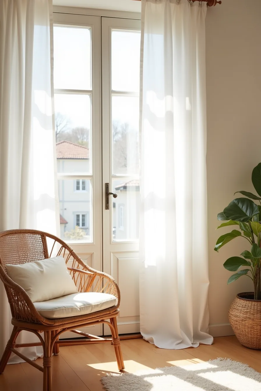 Rattan chair near French doors with billowing sheer curtains and natural light streaming across seat.