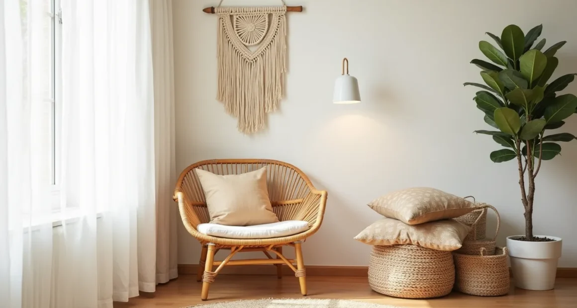 Honey rattan chair with patterned pillows, macramé wall hanging, stacked baskets, and fiddle leaf fig plant in corner.