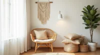 Honey rattan chair with patterned pillows, macramé wall hanging, stacked baskets, and fiddle leaf fig plant in corner.