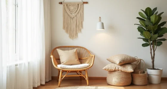 Honey rattan chair with patterned pillows, macramé wall hanging, stacked baskets, and fiddle leaf fig plant in corner.