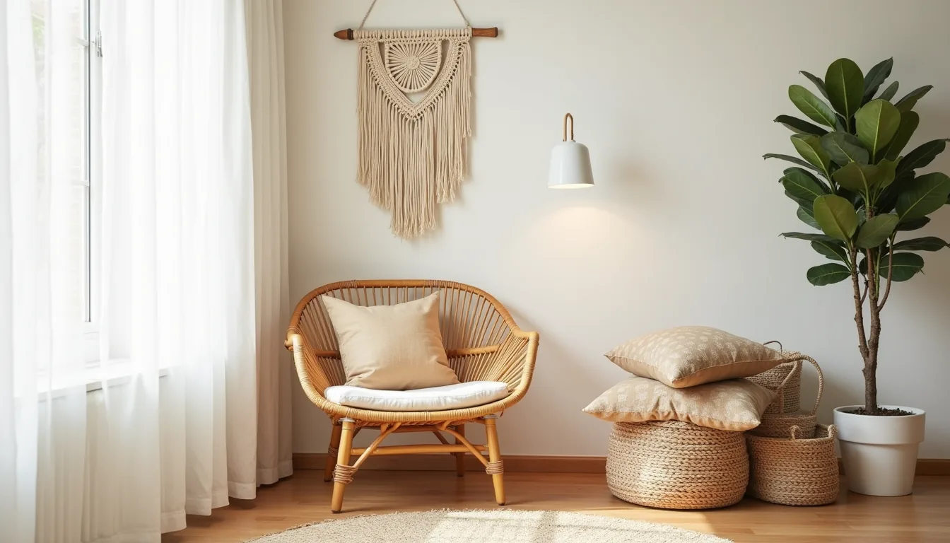 Honey rattan chair with patterned pillows, macramé wall hanging, stacked baskets, and fiddle leaf fig plant in corner.