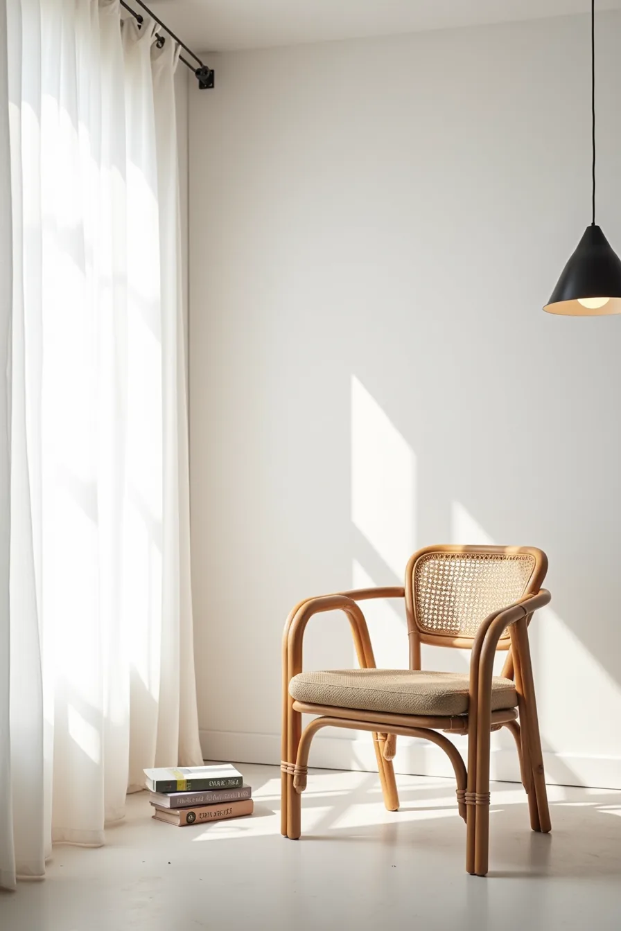 Unadorned rattan chair in minimalist white room with concrete floor and black pendant light.