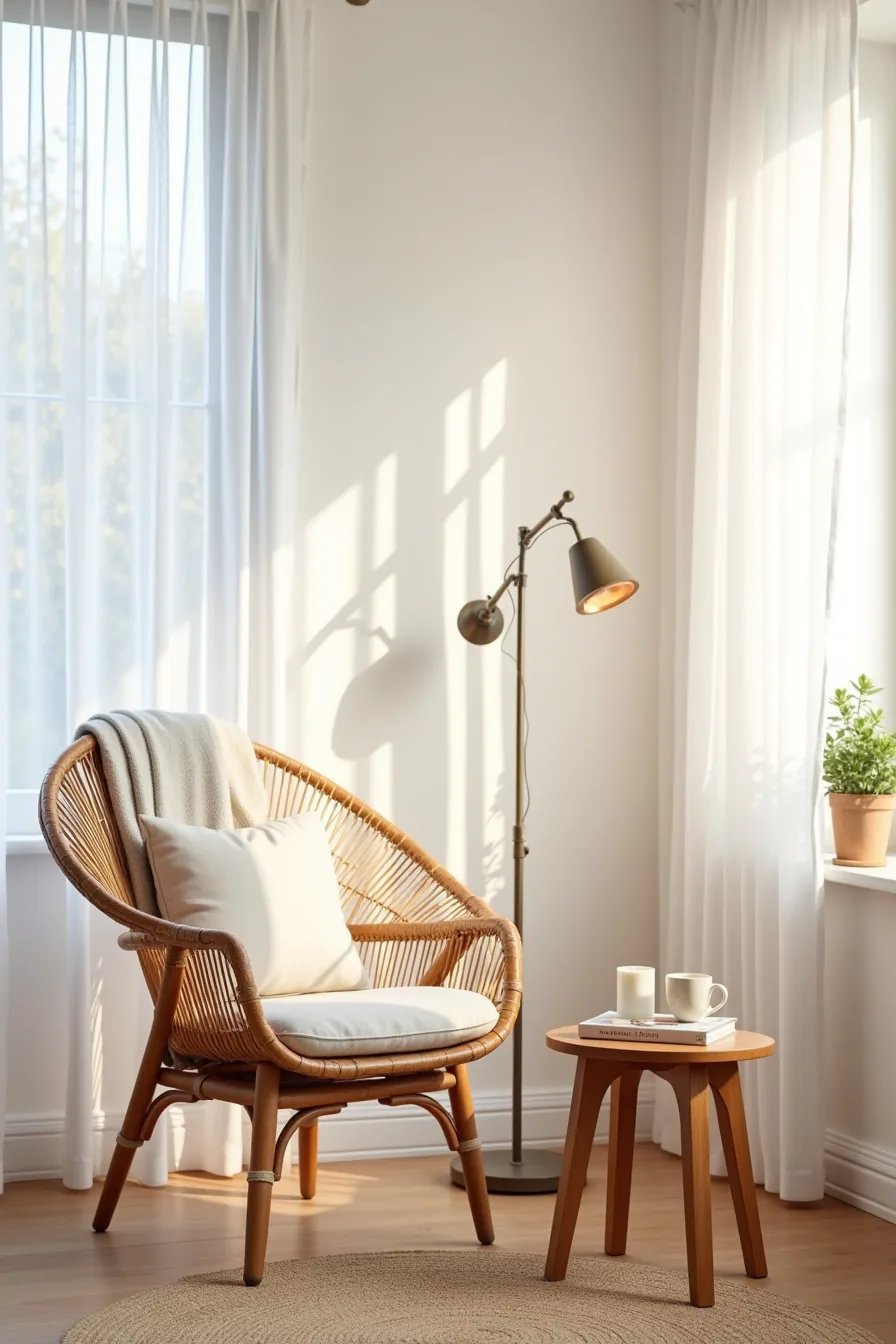 Rattan chair with throw and cushion beside wood table with mug and candle, arc lamp overhead, woven rug below.
