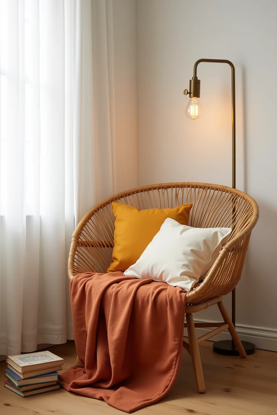 Rattan chair with rust throw and layered pillows lit by brass floor lamp from low angle.