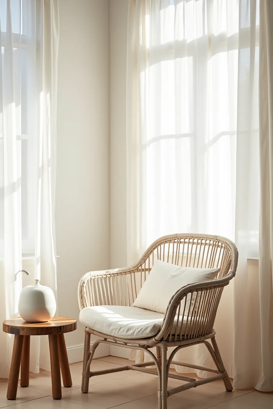 Whitewashed rattan chair with cream cushion, driftwood table, ceramic vessel, and filtered light from linen curtain.