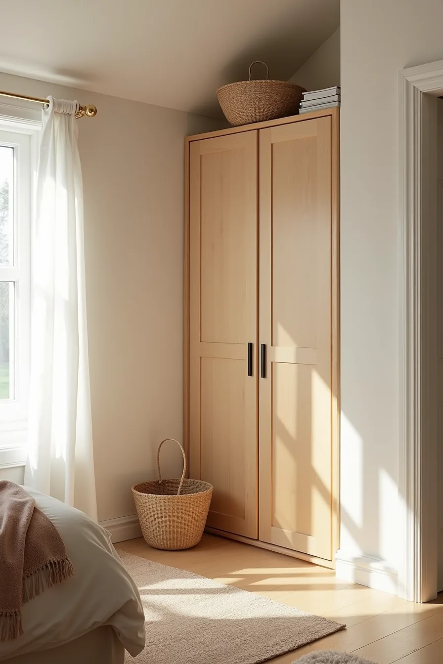 Built-in rattan wardrobe in sloped-ceiling alcove with flush doors, woven baskets below, and measuring tape across the top.