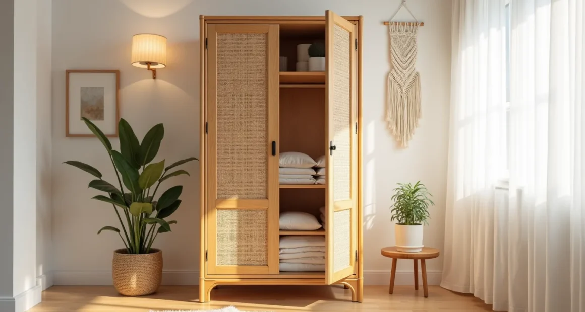 Honey-toned rattan wardrobe with open doors showing folded linens, macramé wall hanging, and snake plant nearby on wooden