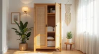 Honey-toned rattan wardrobe with open doors showing folded linens, macramé wall hanging, and snake plant nearby on wooden