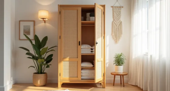 Honey-toned rattan wardrobe with open doors showing folded linens, macramé wall hanging, and snake plant nearby on wooden