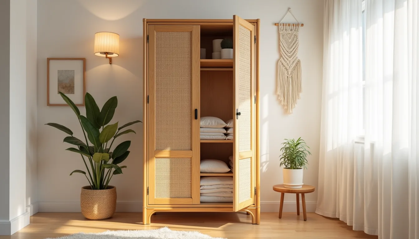Honey-toned rattan wardrobe with open doors showing folded linens, macramé wall hanging, and snake plant nearby on wooden