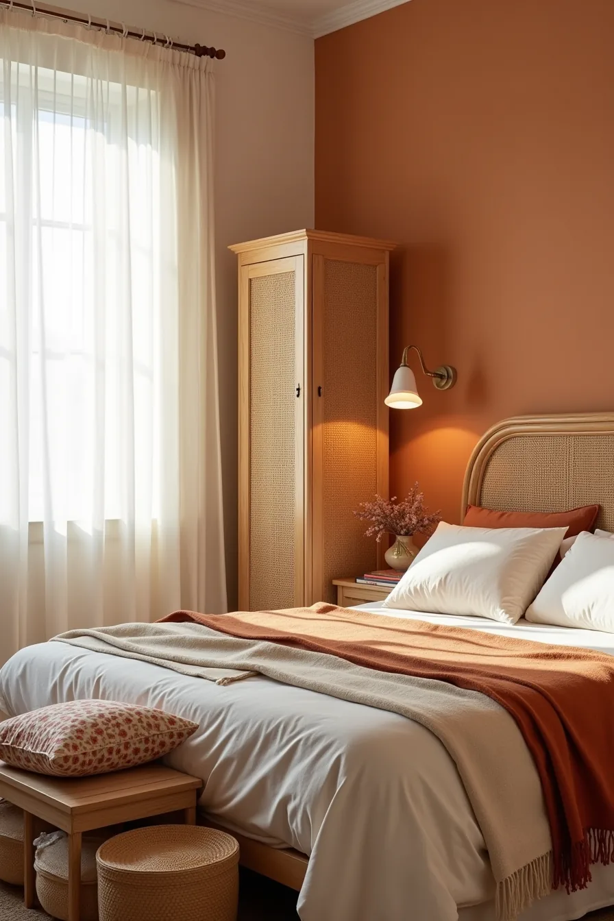 Rattan wardrobe against ochre wall beside low wooden bed with layered cream and rust textiles, floor cushion, and stacked