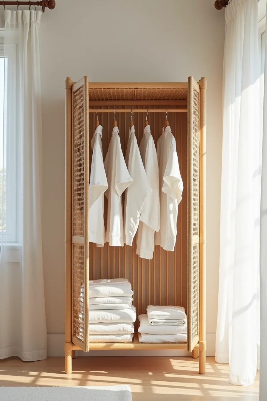 Open-weave rattan wardrobe with slatted panels showing hanging white garments and stacked linen, sheer curtain behind, pale