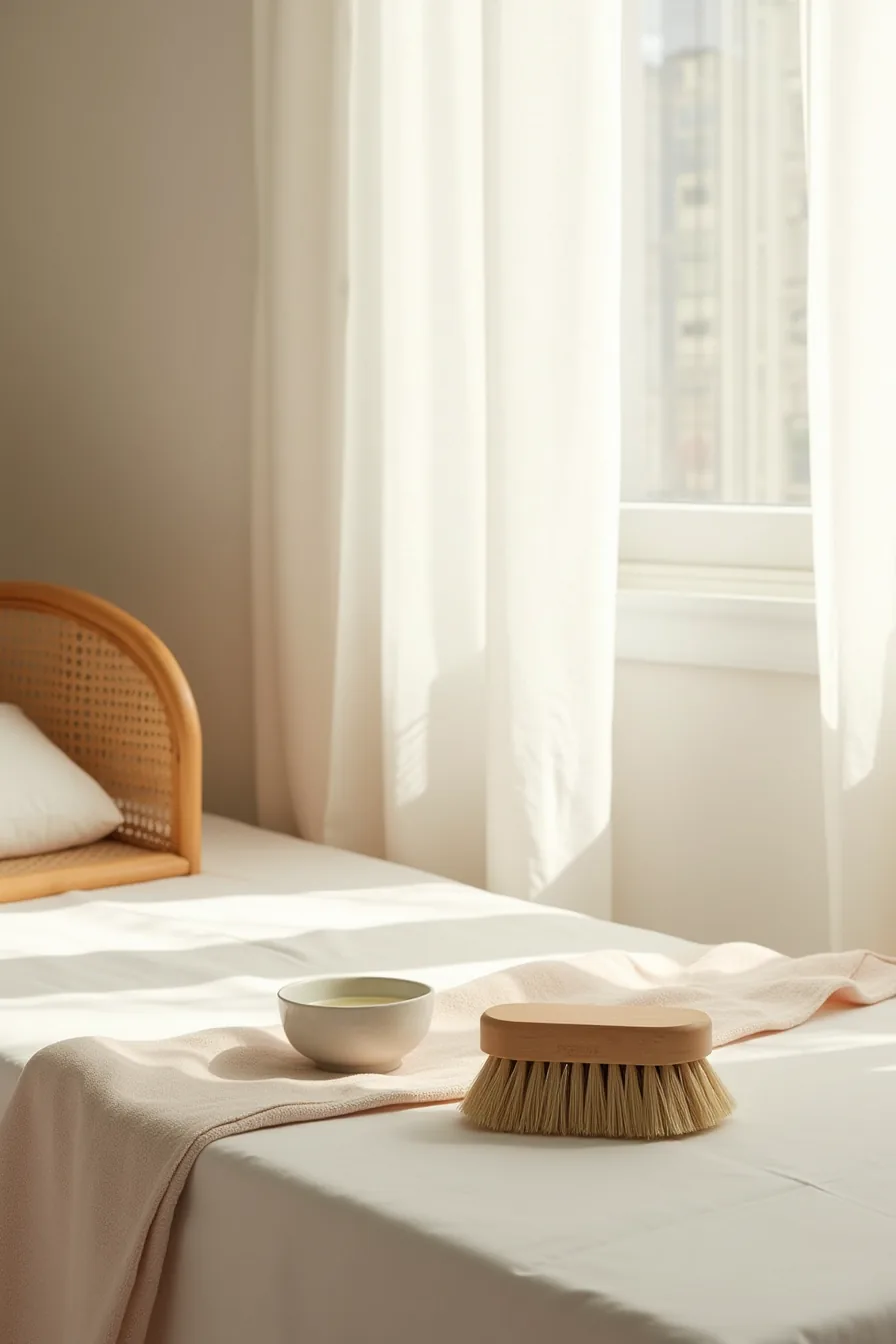 Cleaning supplies for rattan care including soft brush, water bowl, cotton cloth, with close-up details of rattan weave and