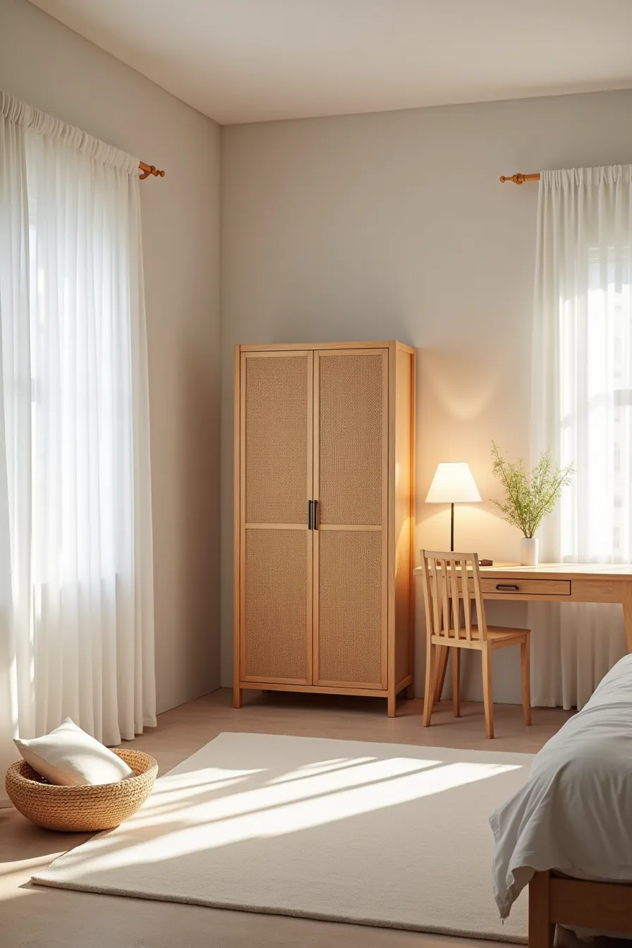 Tall rattan wardrobe dividing room space with low seating area and cushions in front, desk partially visible behind.