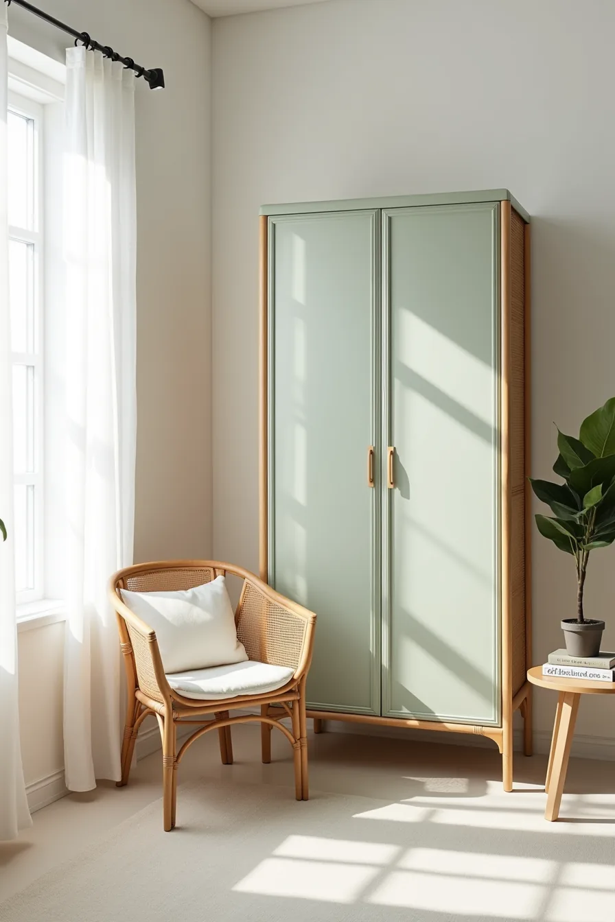 Sage-painted rattan wardrobe in bright corner with white linen chair, fiddle leaf fig on side table, and soft natural