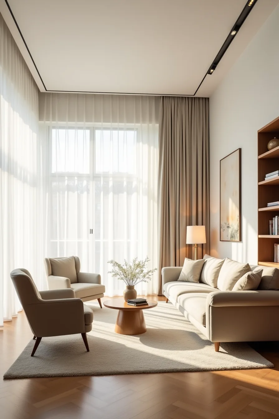 Medium rectangular room with sofa on long wall, two wingback chairs angled inward, area rug, and bookcase at far end.