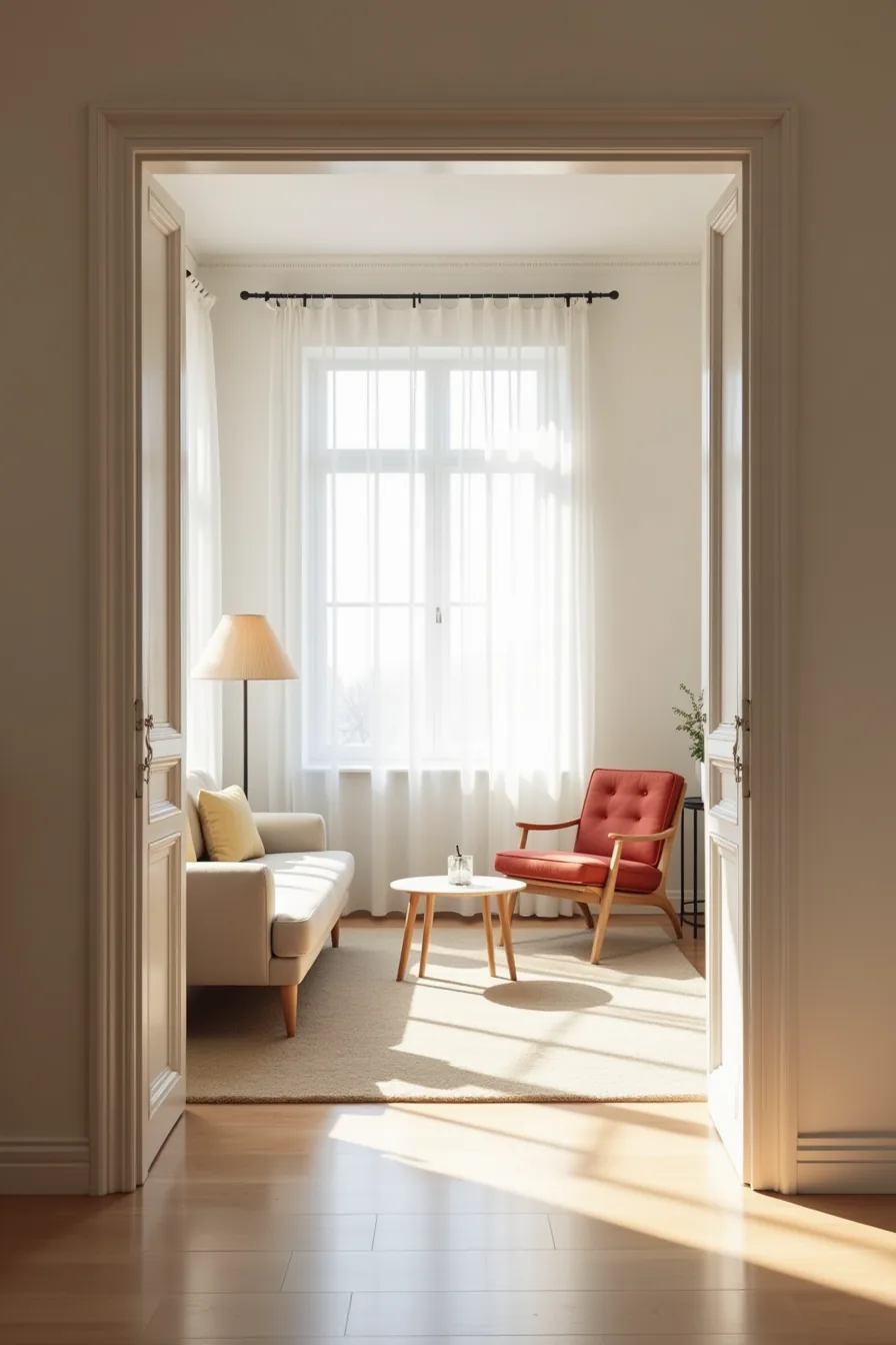 Rectangular room viewed from doorway with sofa on one side, angled lounge chair, side table, and console table against far