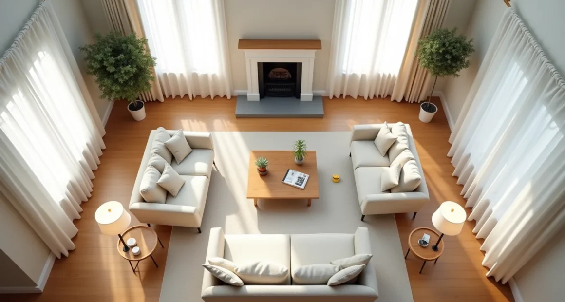 Overhead floor plan showing centered sofa, symmetrical accent chairs, coffee table, fireplace, and measurement markings.