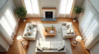 Overhead floor plan showing centered sofa, symmetrical accent chairs, coffee table, fireplace, and measurement markings.