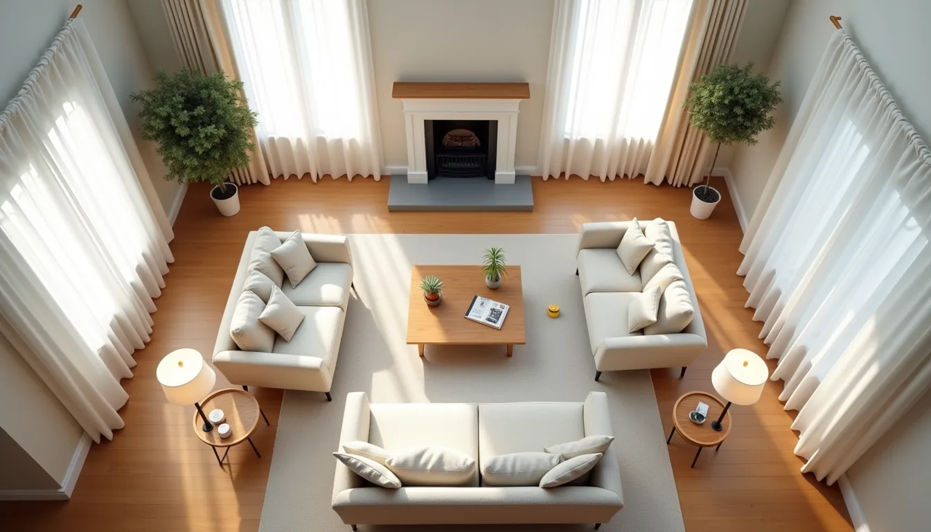 Overhead floor plan showing centered sofa, symmetrical accent chairs, coffee table, fireplace, and measurement markings.