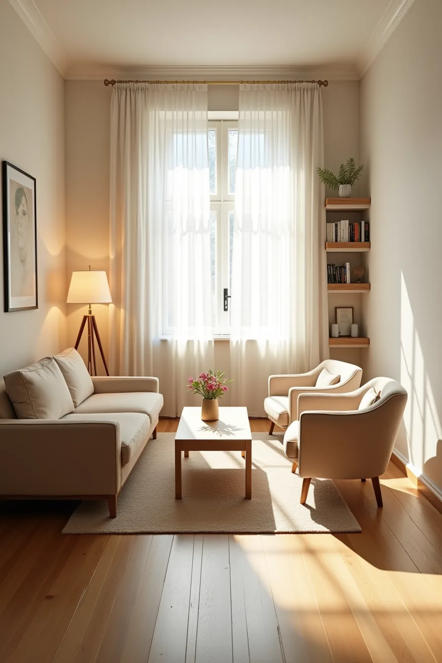 Overhead view of compact room with loveseat, facing armchairs, narrow coffee table, wall shelving, and marked clearance path.