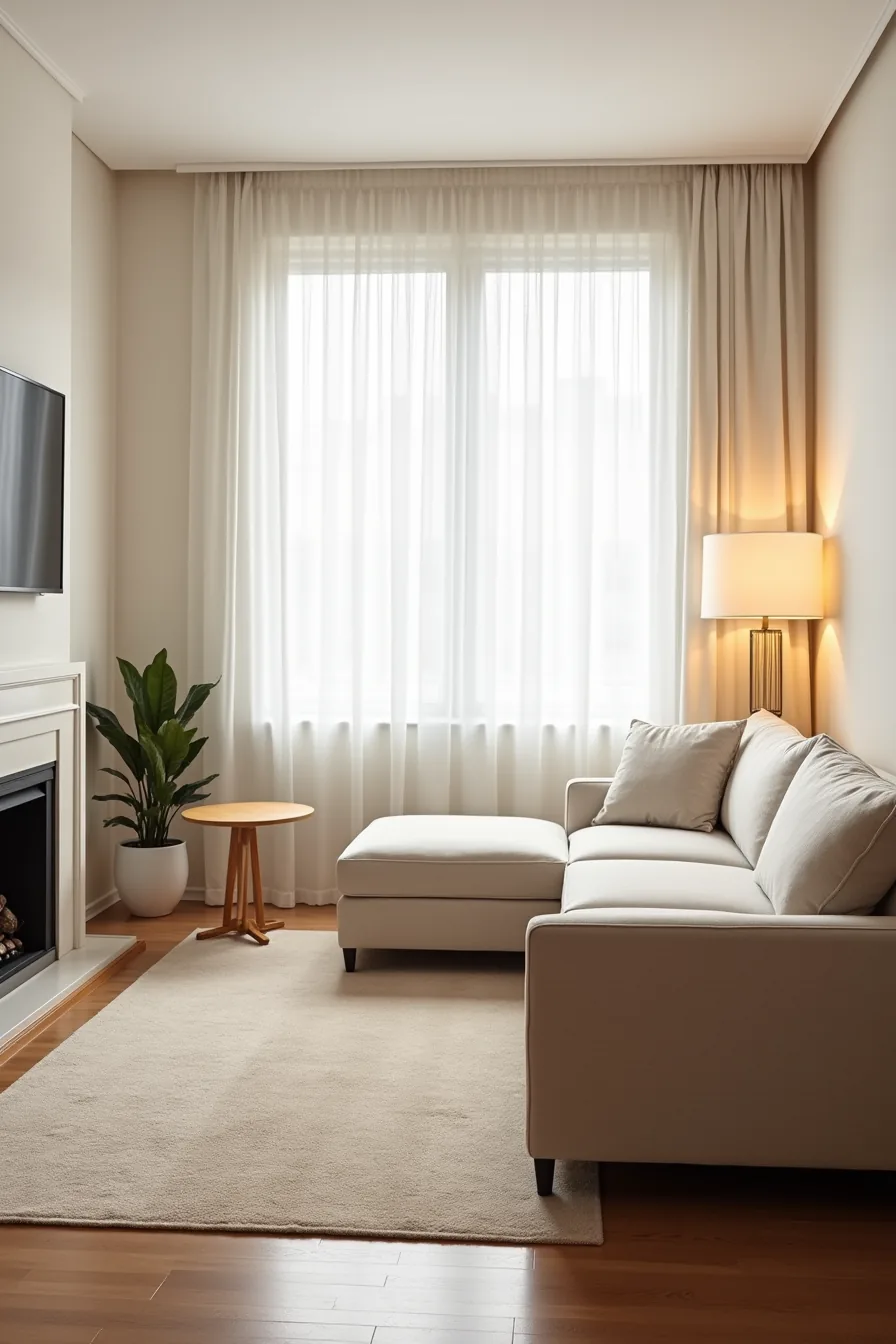 Sectional sofa angled to face both a wall-mounted TV and fireplace with mantel, round accent table at corner.