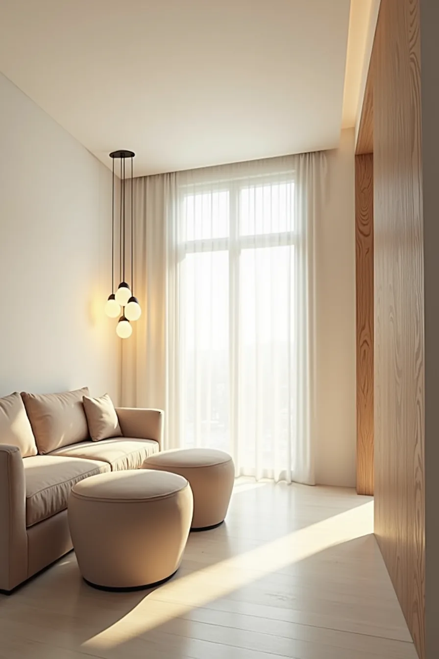 Rectangular room with sofa perpendicular to long wall, ottomans at right angles, walkway to window, and pendant lights
